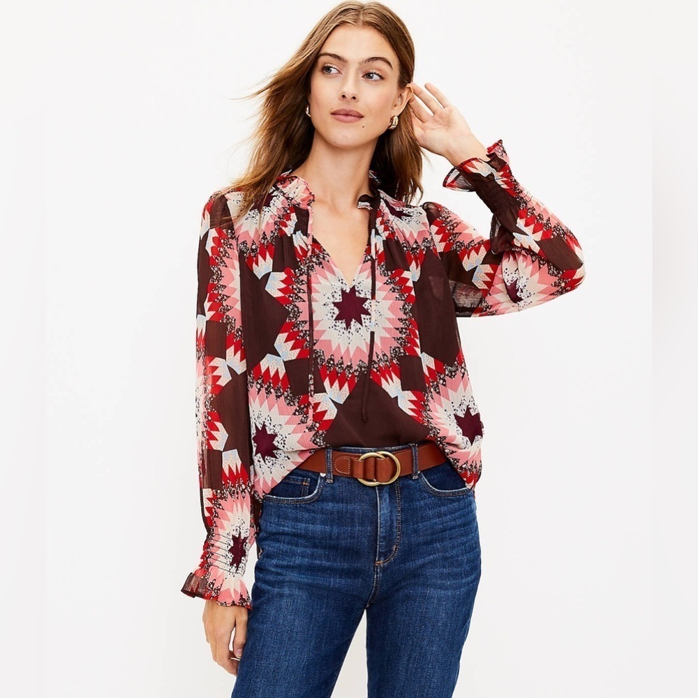 NWT LOFT Garden Smocked Ruffle Tie Neck Blouse Windsor Wine Ruffle Sheer Flowy
